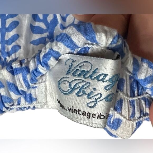 Vintage Ibiza Bohemian Babydoll Mini Dress Blue White Print Vneck 100% Cotton s? - Picture 4 of 7